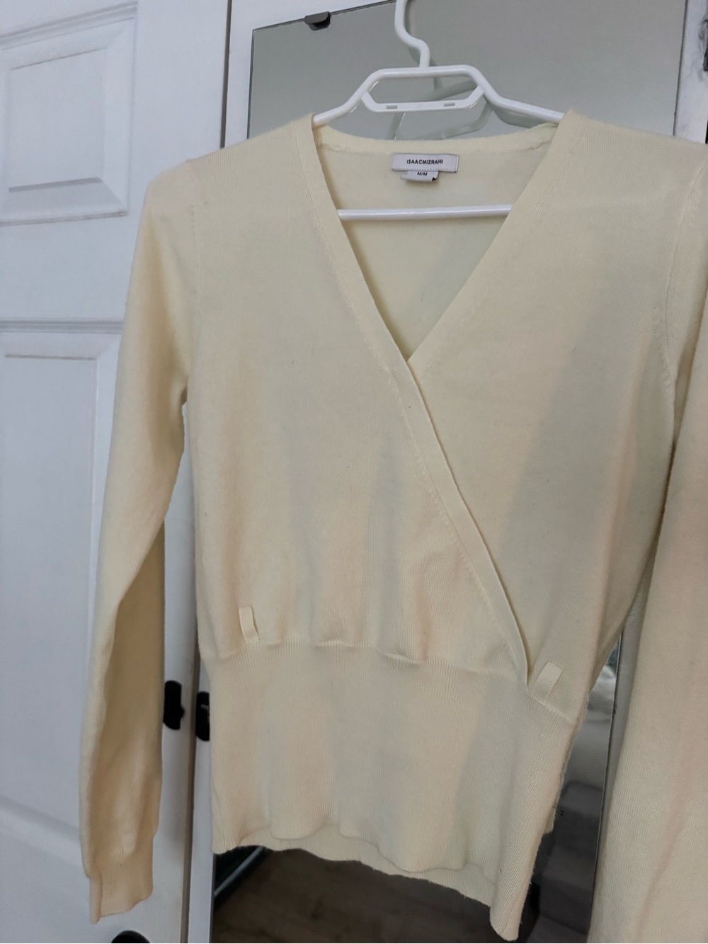 Isaac Mizrahi Cream Wrap-Style Long Sleeve Knit Top